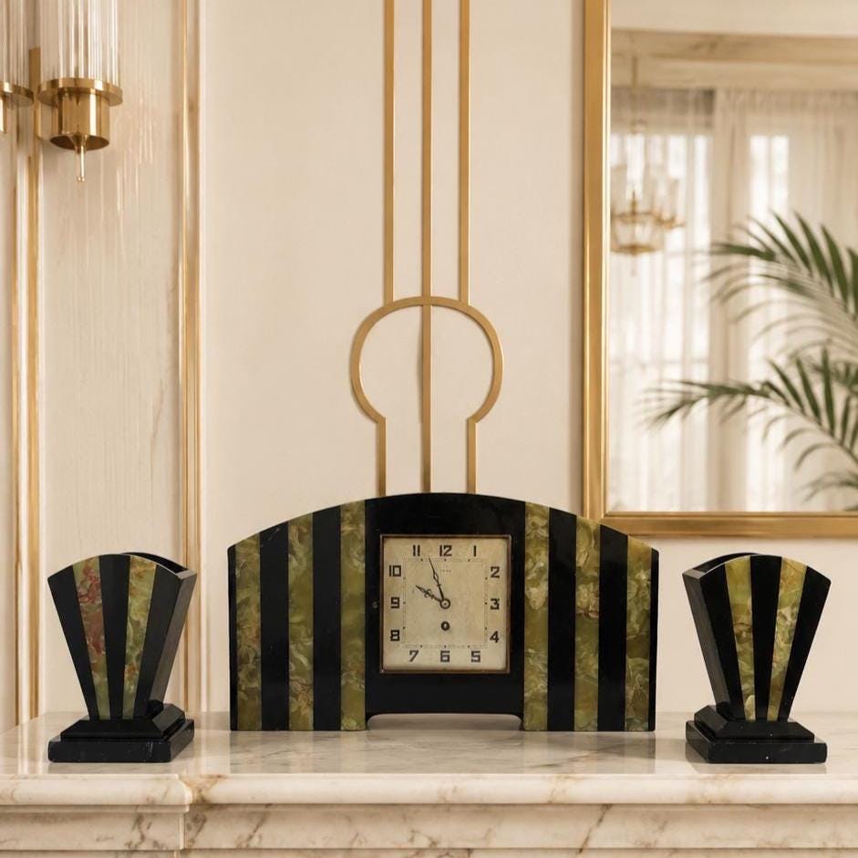 French Art Deco UCRA Marble Onyx Mantel Clock With Side Garnitures
