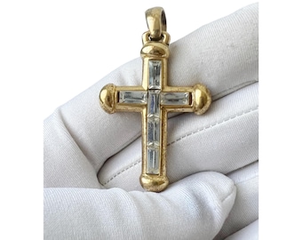 Vintage 80s Solid Brass Crystal Cross Pendant | Unisex Statement Piece