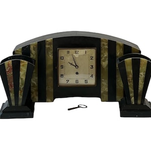 French Art Deco “UCRA” Marble & Onyx Mantel Clock with Side Garnitures – 1920s-1930s
