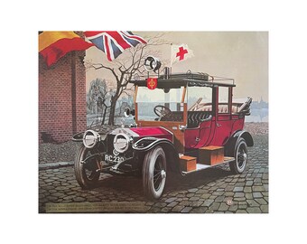 Litografía vintage del Rolls Royce Silver Ghost, arte del coche Queen Mary