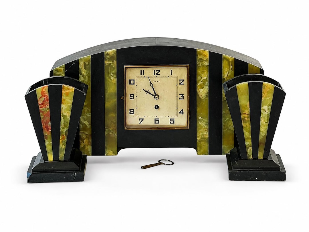 French Art Deco UCRA Marble Onyx Mantel Clock With Side Garnitures