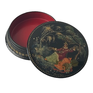 Miniature Hand-Painted Jewelry Box. Original Authentic Palekh - Signed by Golubeva M.N., Dated 1962.