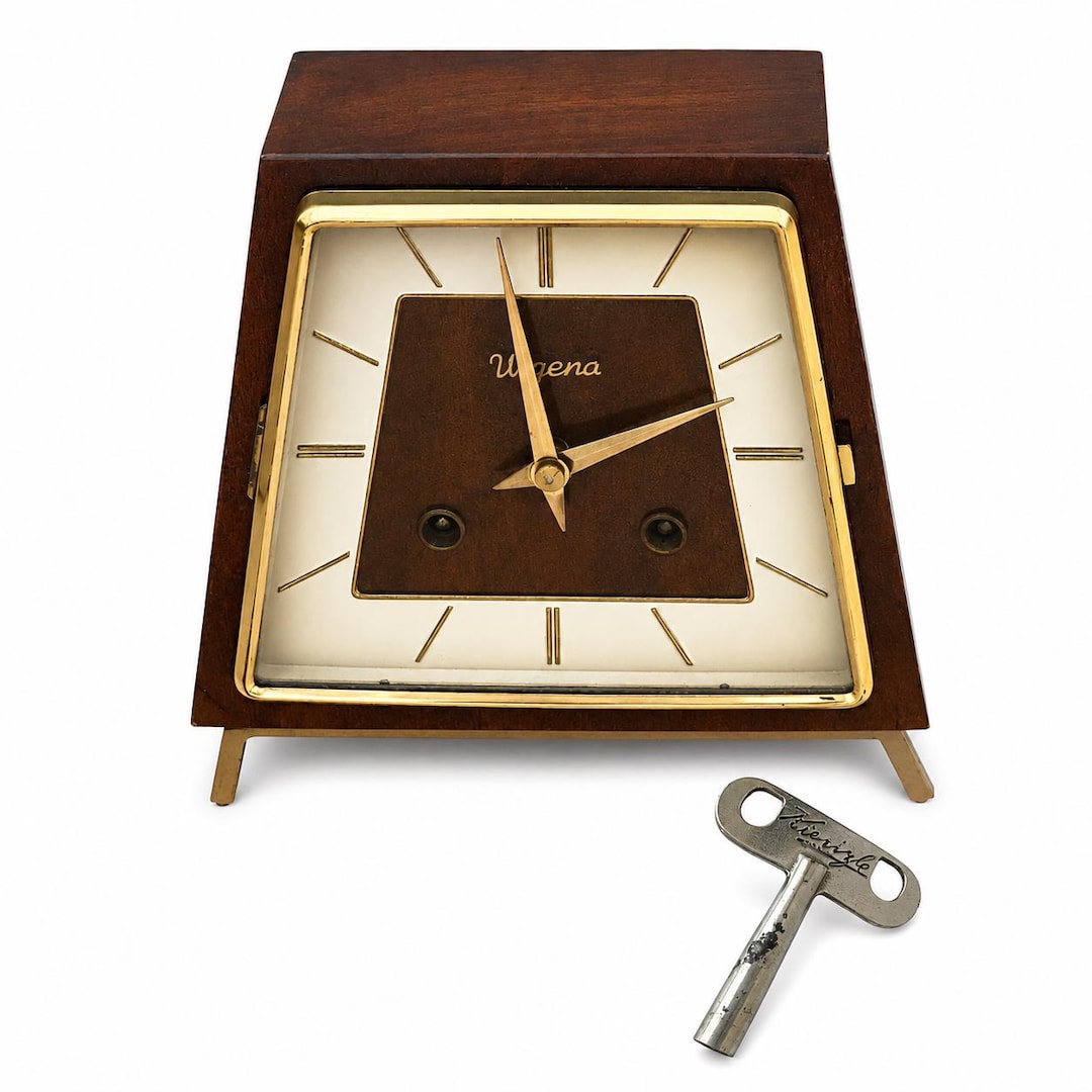 Vintage Urgena Kienzle Desk Clock, Wooden Brass Mid Century Mantel