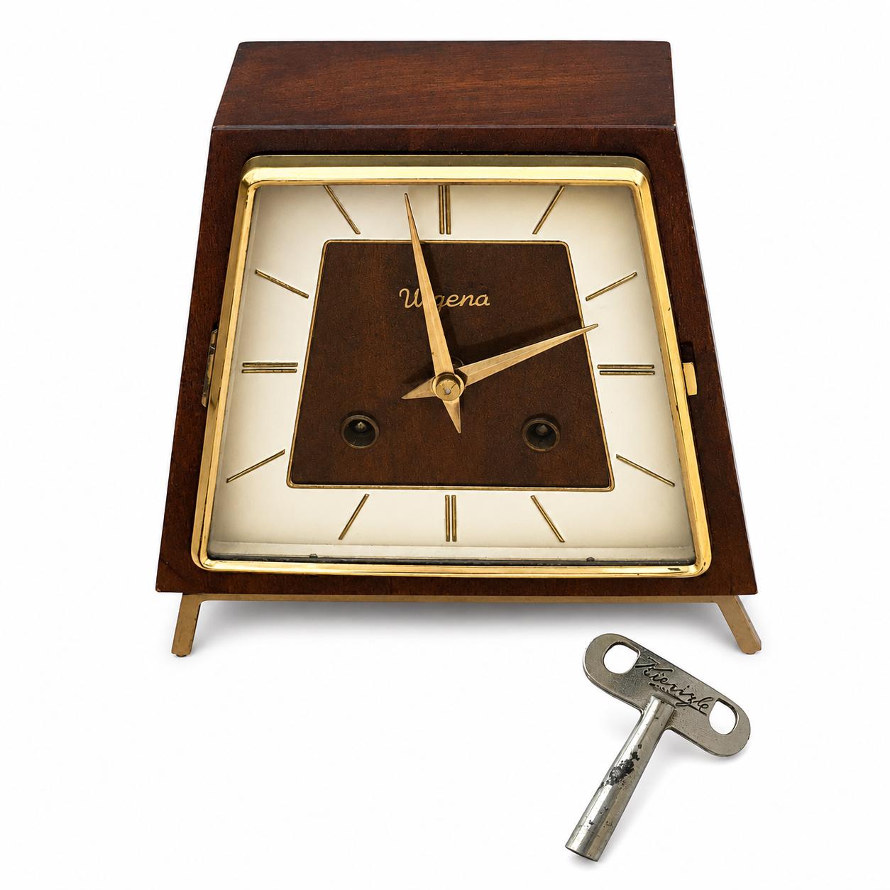 Vintage Urgena Kienzle Desk Clock, Wooden Brass Mid Century Mantel