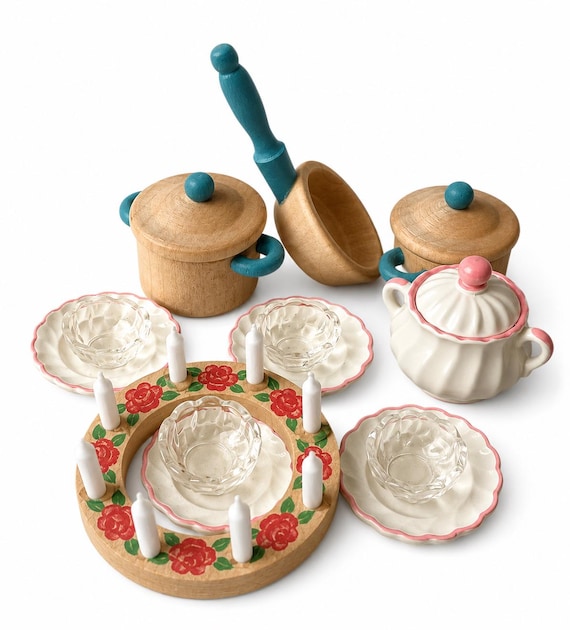 Vintage Bodo Hennig Wooden Dollhouse Kitchen Set, German Miniature