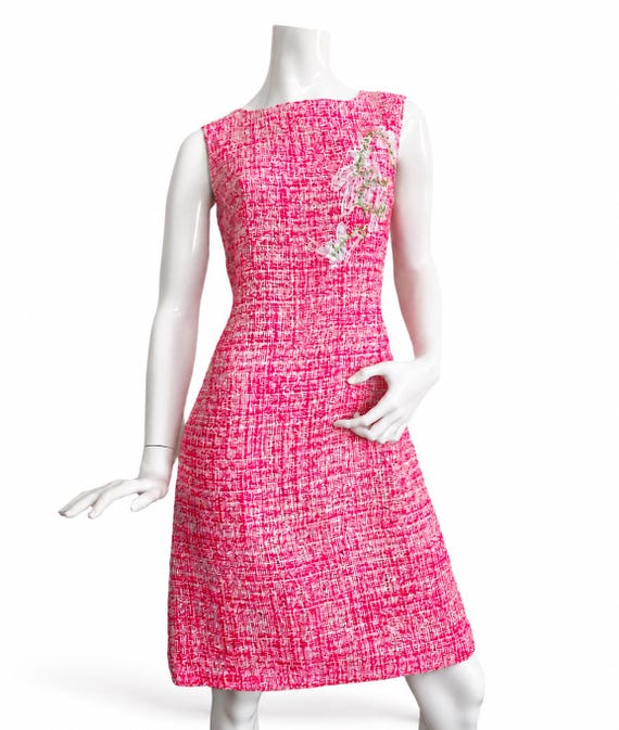 Christian Lacroix, Vintage Christian Lacroix Pink Tweed Embroidered Sheath Dress Made in France