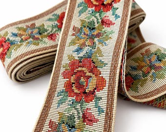 Cinta decorativa vintage de algodón con estampado floral ABW de Alemania Occidental, 3 m, para tapicería y costura, años 60-70.