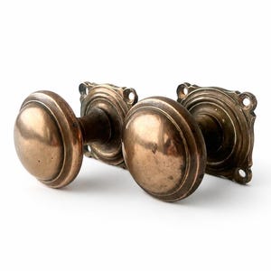 Antique Heavy Cast Brass Door Knobs Pair, Round Handles With Square Backplates