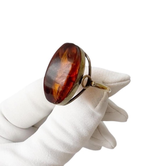 Vintage Soviet Baltic Amber Ring, 875 Silver USSR 1980s, UK Size N