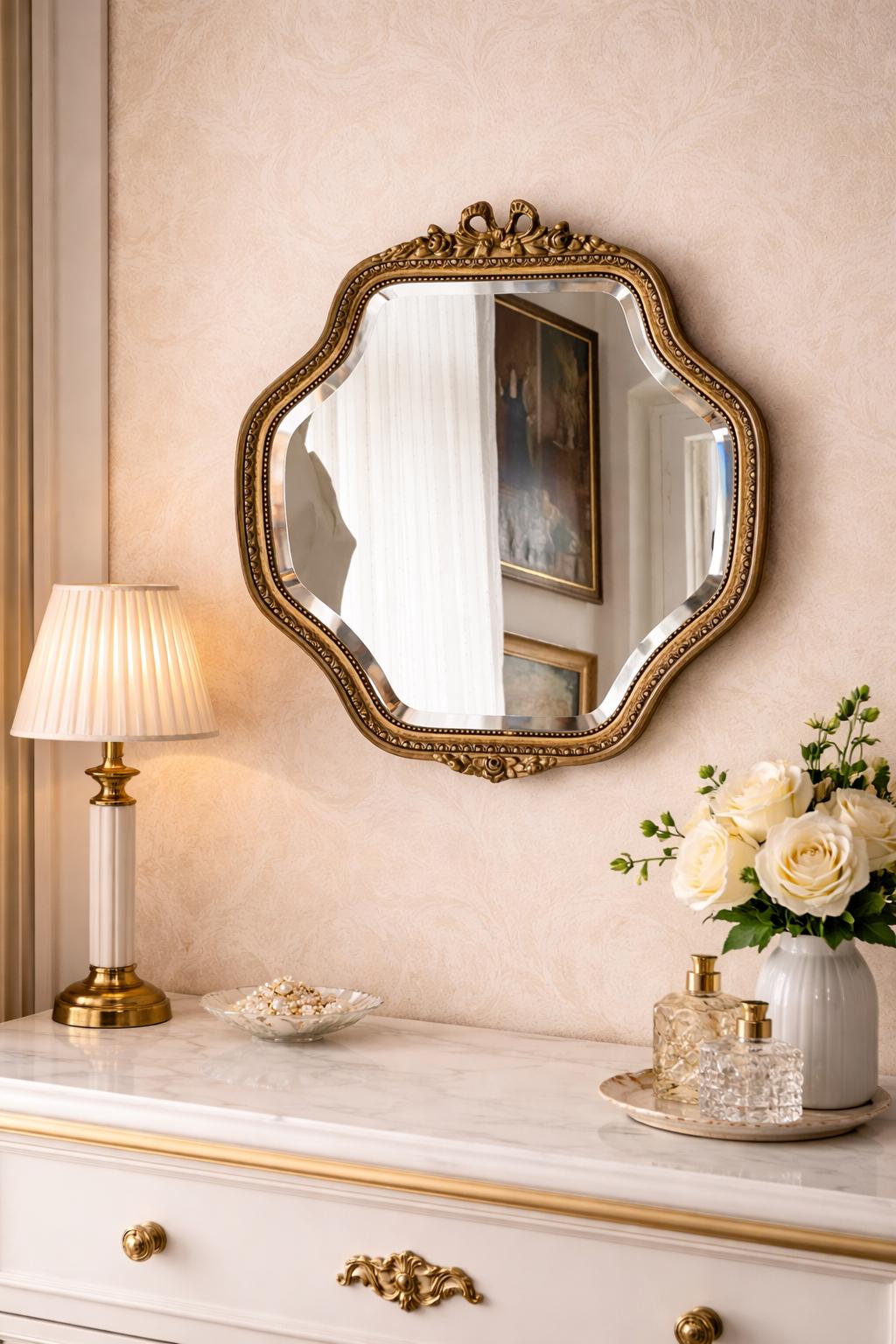 gold mirror for dresser Vintage Louis XVI Style Wall Mirror, Belgian Gilt Wood and Stucco Beveled SEGRETI DROP 4