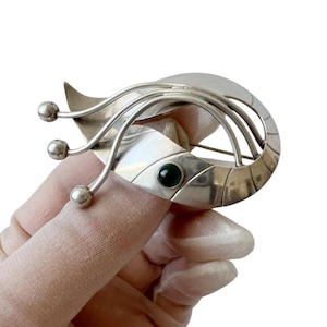 Vintage Niels Erik From Sterling Silver Brooch – Denmark, c.1950s – Modernist Design with Green Agate