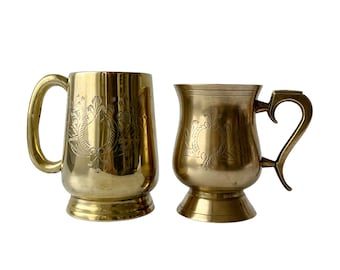 Vintage Etched Brass Beer Mug Set: Solid Brass Barware