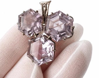 Victorian Silver Trefoil Brooch with Amethyst Glass and Seed Pearls