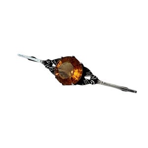 Art Deco Silver Bar Brooch: Orange Glass Gem, 1920s Filigree Jewelry