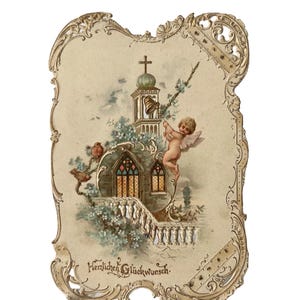 Biglietto d'auguri antico in rilievo tedesco / Angelo "Herzlichen Glückwunsch" con campana della chiesa / Stile vittoriano dei primi anni del 1900