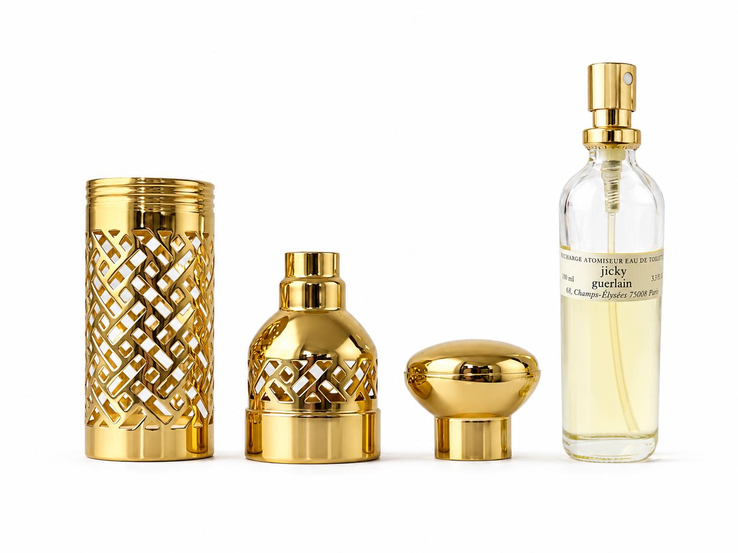 Vintage Guerlain Jicky Perfume Atomizer With Gold Lattice Case