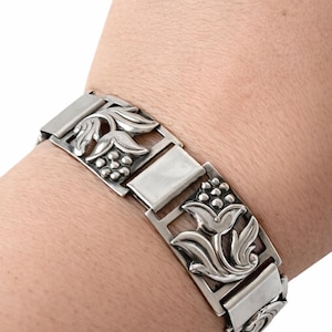 Pulsera vintage danesa de plata S H Mathiesen Pulsera escandinava modernista con panel floral