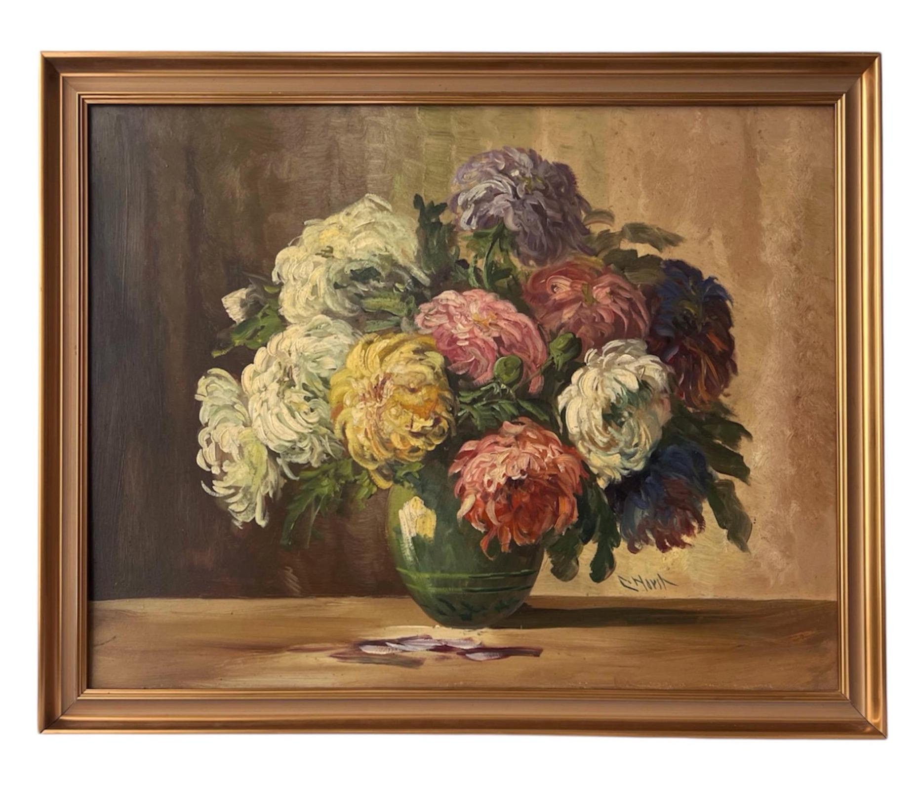 Vintage Oil Painting - Chrysanthemums by C. Horst (1940s-1950s