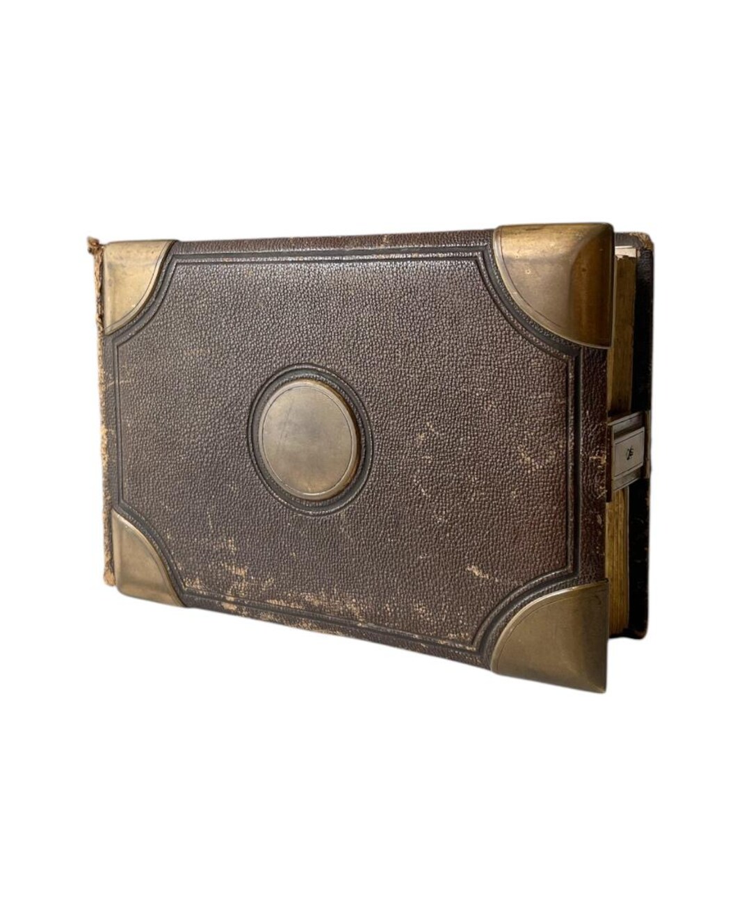 Antique Victorian Leather Photo Album, Brass Corners & Gilded