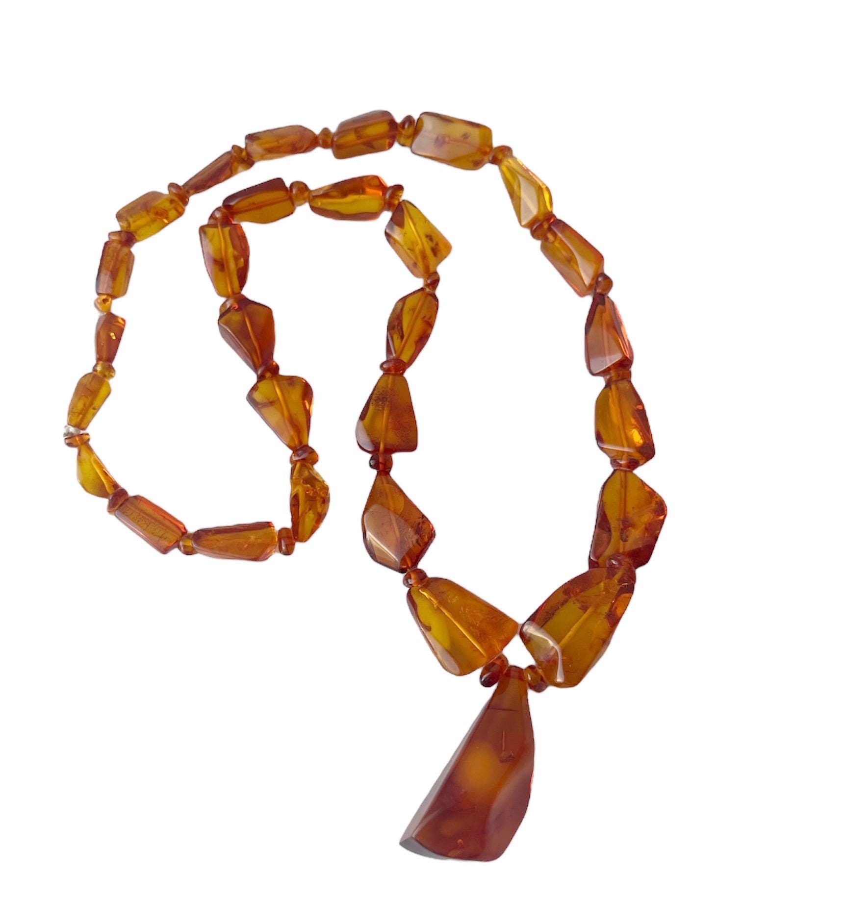 Vintage Natural Amber Necklace with Drop-Shaped Beads and Pendant, Honey & Cognac Tones