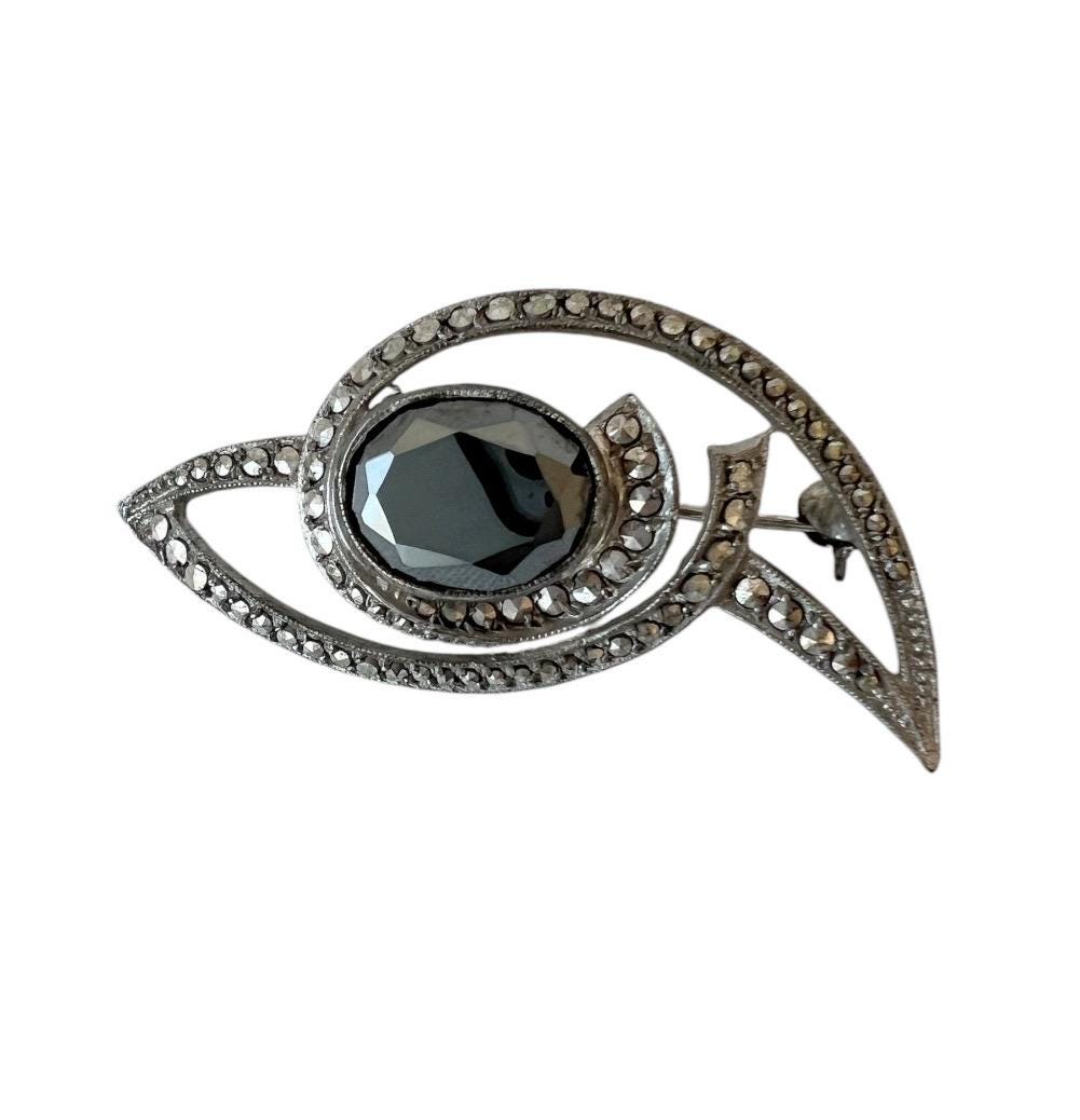 Broche Ancienne Art Déco - Marcassites Et Hématite Sur Argent