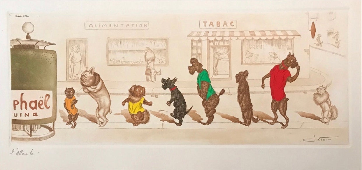 ボリス・オクライン作、「パリの汚れた犬たち」。オリジナル署名入り
