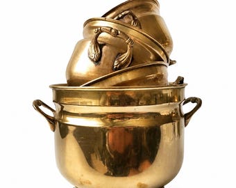 Vintage Dutch Brass Cachepots set van 4, plantenbakken op voet jaren 1950