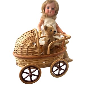 Etsy Listing: Vintage Wicker Doll Stroller – Handmade Miniature Pram for Dolls and Stuffed Animals