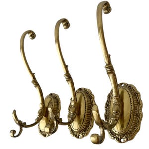Set of 3 Large Vintage Brass Wall Hooks – Ornate Coat & Hat Hooks – Victorian Style Hardware.