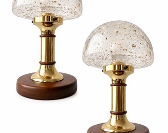 Vintage Helena Tynell Style Bubble Glass Table Lamps, Temde Brass Wood Pair