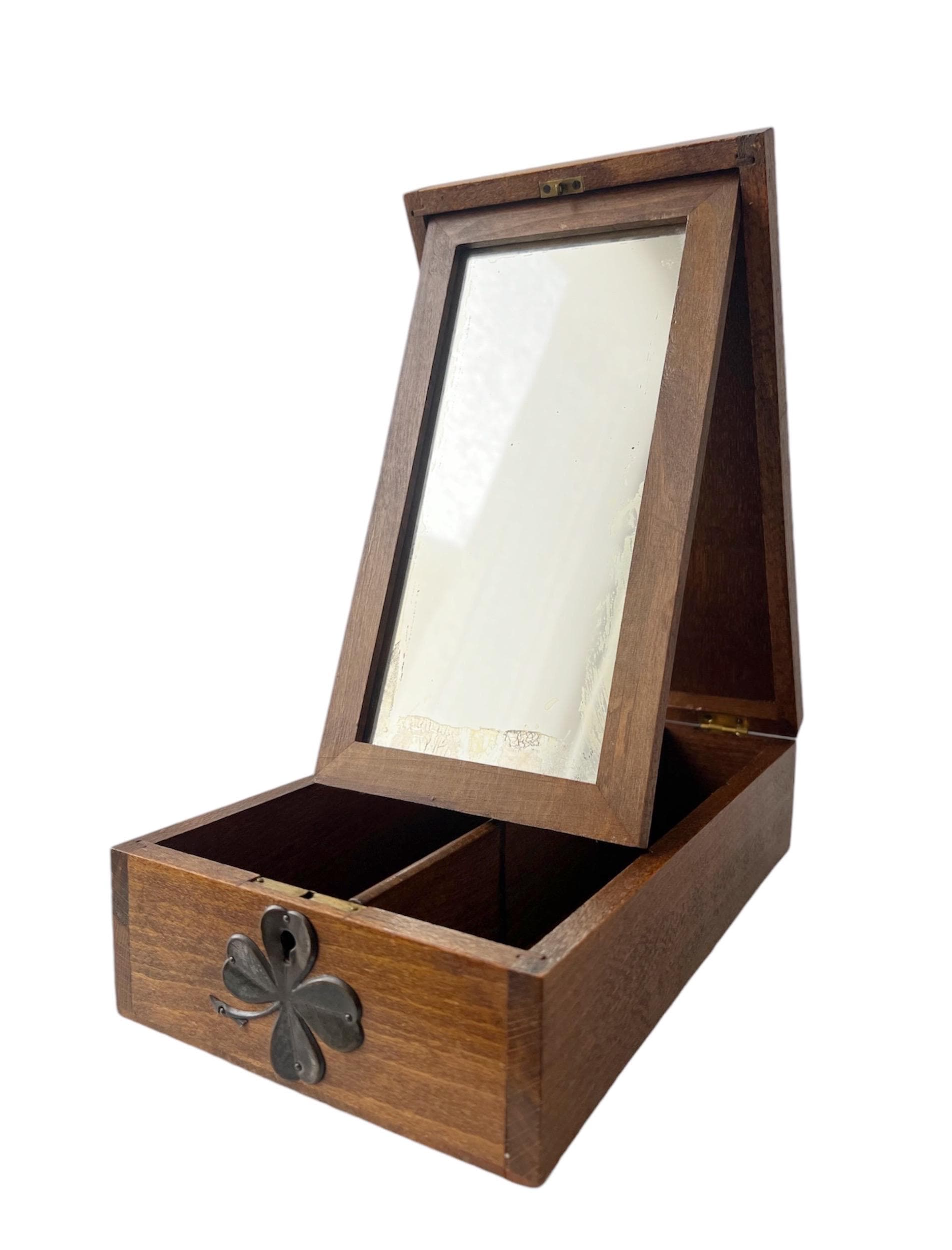 Antique Wooden Shaving Box With Tilting Mirror & Brass Clover