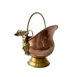 Vintage Dutch Copper Coal Ash Scuttle Bucket | Brass Lion Head Fixtures & Delft Porcelain Handles | Fireplace Accessory or Planter