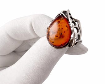 Vintage Baltic Amber Sterling Silver Ring, 925 Silver, UK Size O