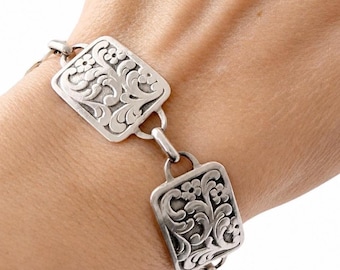 Vintage 835 Silver Floral Panel Bracelet, Art Nouveau Style.