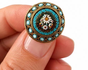 Antique Italian Micro Mosaic Brooch, Turquoise Floral Gilt Pin, Early 20th Century