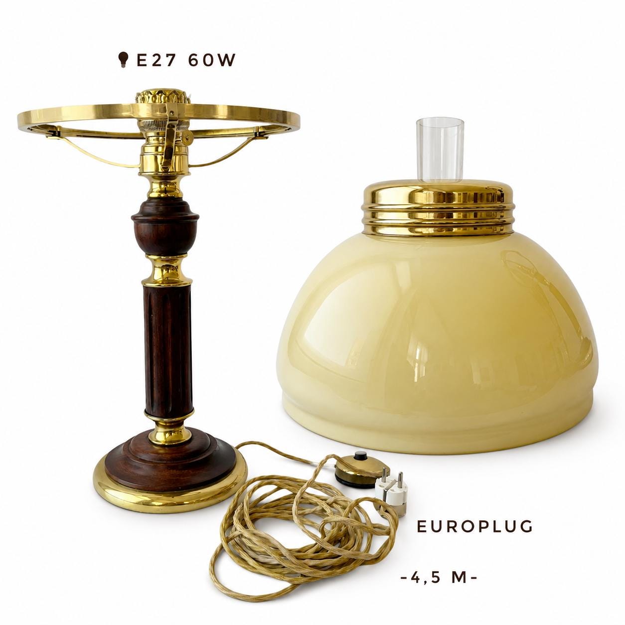Vintage Kosmos Brenner Brass and Wood Table Lamp, German Oil-lamp