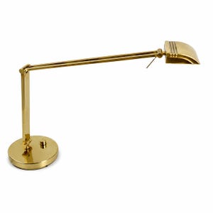 May include: A brass desk lamp with an adjustable arm and a rounded shade. The lamp has a circular base with two control knobs. The lamp's arm extends horizontally, and the shade is positioned at the end of the arm.