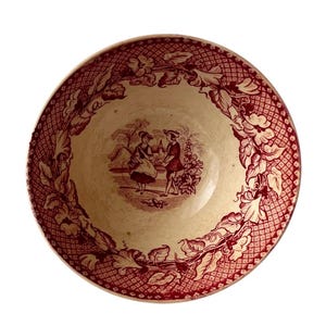 Antique Staffordshire Transferware Bowl – “Sportsman” Pattern – Red Mulberry – 19th Century