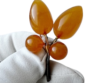 Vintage Butterscotch Baltic Amber Brooch | Silver Leaf Pin with Natural Amber Cabochons | Mid-Century Jewelry
