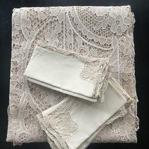 Antique Point de Venise Style Lace Tablecloth & 12 Napkins – 3.60m x 1.50m (141.7&quot; x 59&quot;) – Circa 1880–1920 – Venetian Needle Lace