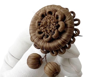 Antique Victorian Hairwork Mourning Brooch with Two Drops