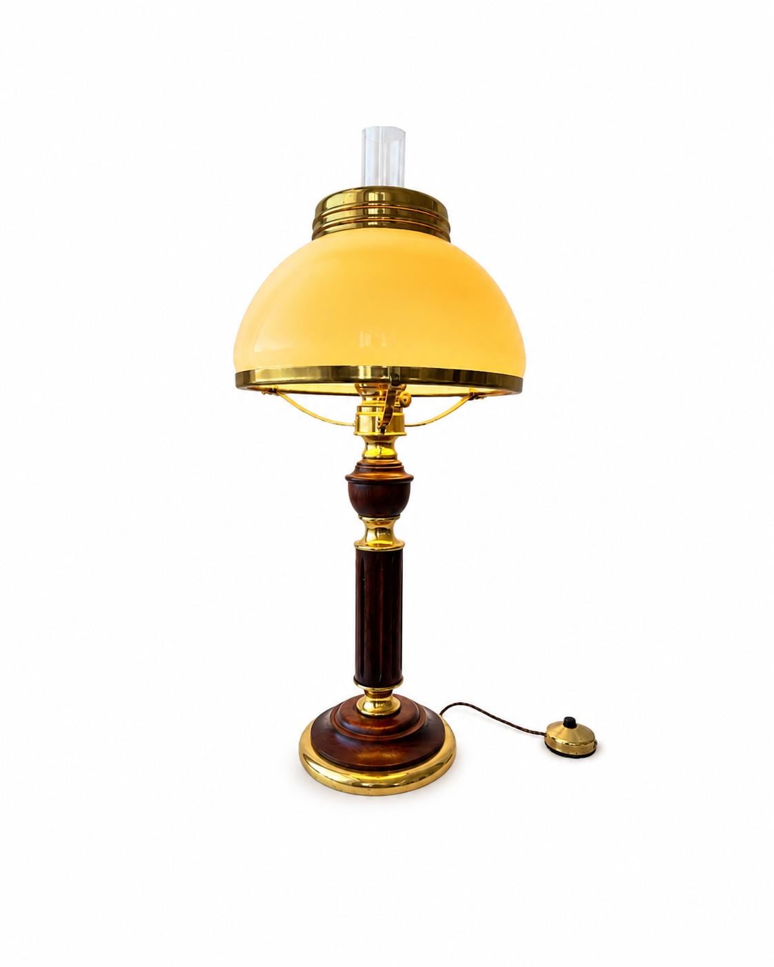 Vintage Kosmos Brenner Brass and Wood Table Lamp, German Oil-lamp