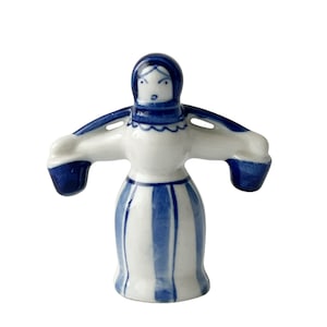 Vintage Gzhel Ceramic Folk Art Figurine - Handcrafted Blue & White Glazed USSR 1970s-80s
