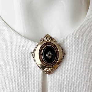 Antique Biedermeier Brooch. German Foam Gold with Black Onyx, Seed Pearls & Garnet. Mourning Jewelry