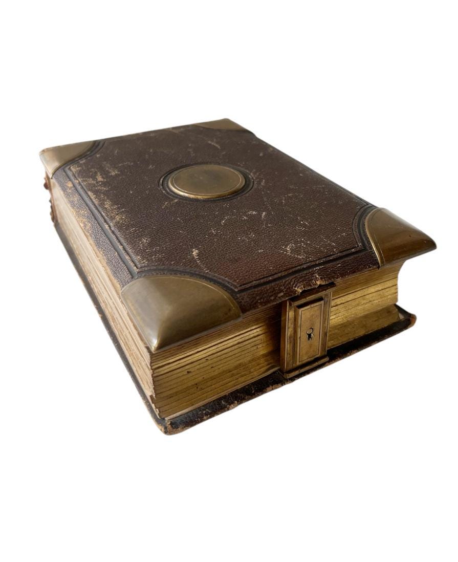 Antique Victorian Leather Photo Album, Brass Corners & Gilded