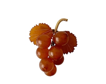 Vintage Baltic Amber Grape Brooch - Gold-Plated Brass, USSR 1980s
