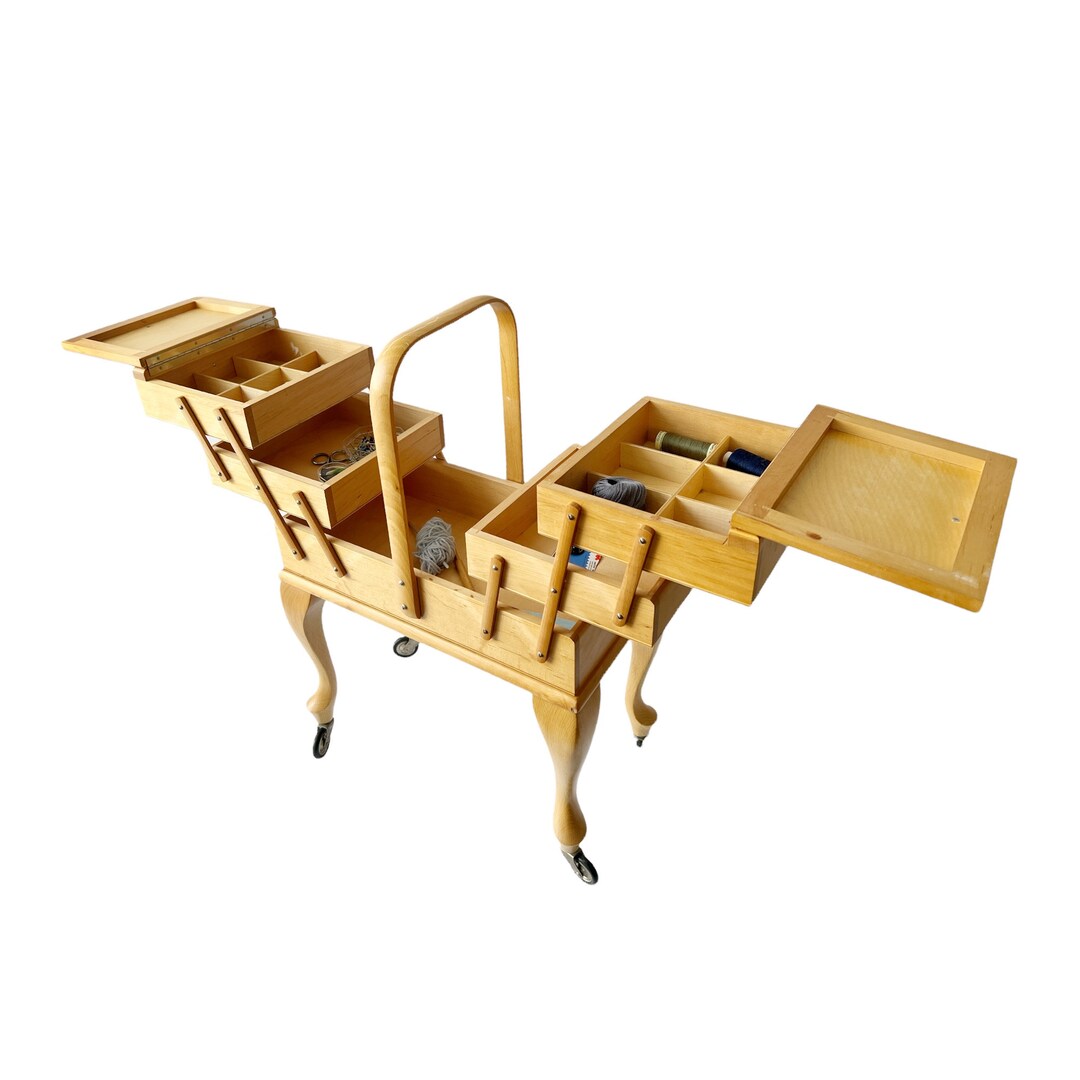 Vintage Cantilever. Stand Sewing Box on Legs With Wheels. Craft Caddy