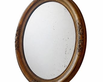 Antique Oval Gilded Wooden Beveled Mirror, Danish Glazier Label, Early 20th Century