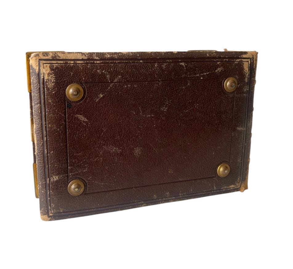 Antique Victorian Leather Photo Album, Brass Corners & Gilded