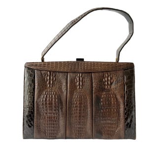Vintage German Lacquer Leather Top Handle Bag – Rich Brown with Gold Hardware – 1960s Style